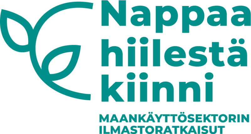 Nappaa hiilestä kiinni. Maankäyttösektoriin ilmastoratkaisu. Teksti kirjoitettu sinivihreällä. Vasemmalla puolella logo. 