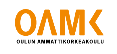 OAMK, Oulun Ammattikorkeakoulu.OAMK kirjoitettu oranssilla. Loput mustalla.