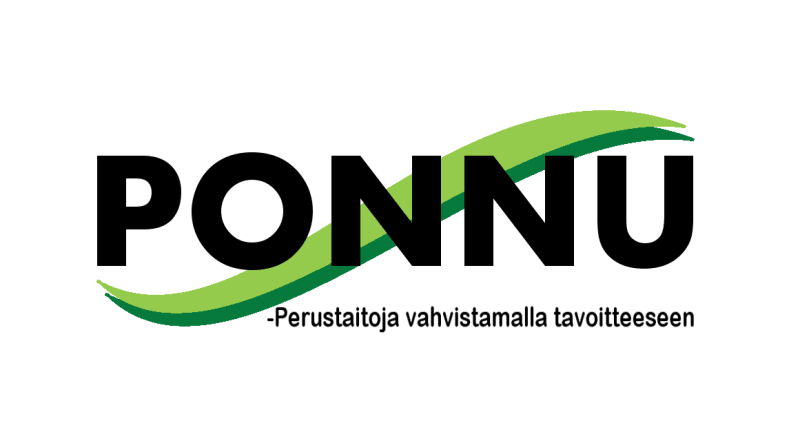 PONNU, perustaitoja vahvistamalla tavoitteisiin. Teksi kirjoitettu mustalla takana vihreä logo.