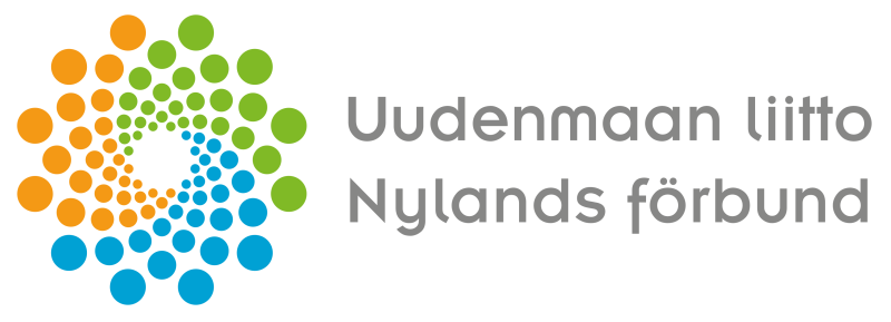 Uudenmaan liitto. Nylands förbund kirjoitettu harmaalla. Viressä logo, jossa sinisiä, vihreitä ja oranasseita palloja. 