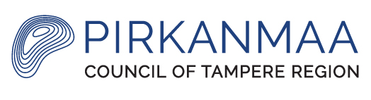 Pirkanmaa, council of Tampere region. Pirkanmaa kirjoitettu sinisellä, loput mustalla. Tekstin vieressä on sininen logo.