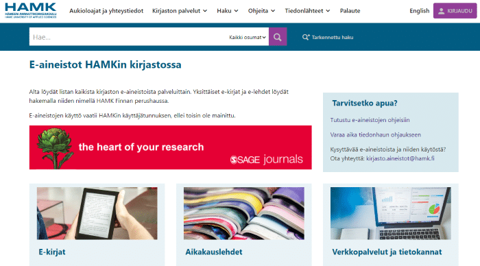 Kuvakaappaus e-aineistolistasta HAMK Finnassa.