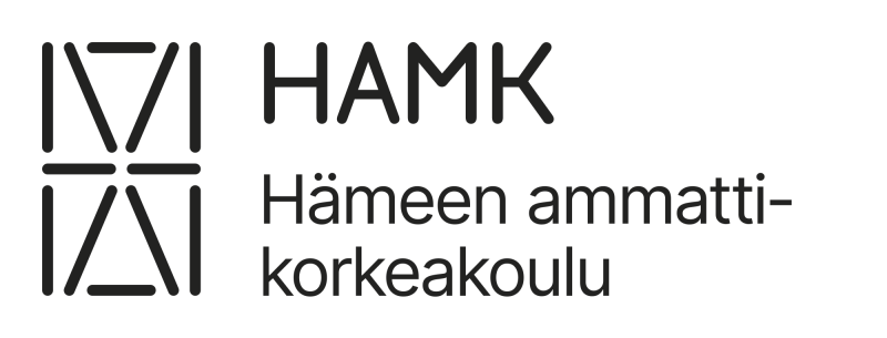 HAMK, Hämeen amatti-korkeakoulun kirjoitettu mustalla tekstillä. Vieressä HAMK:in logo