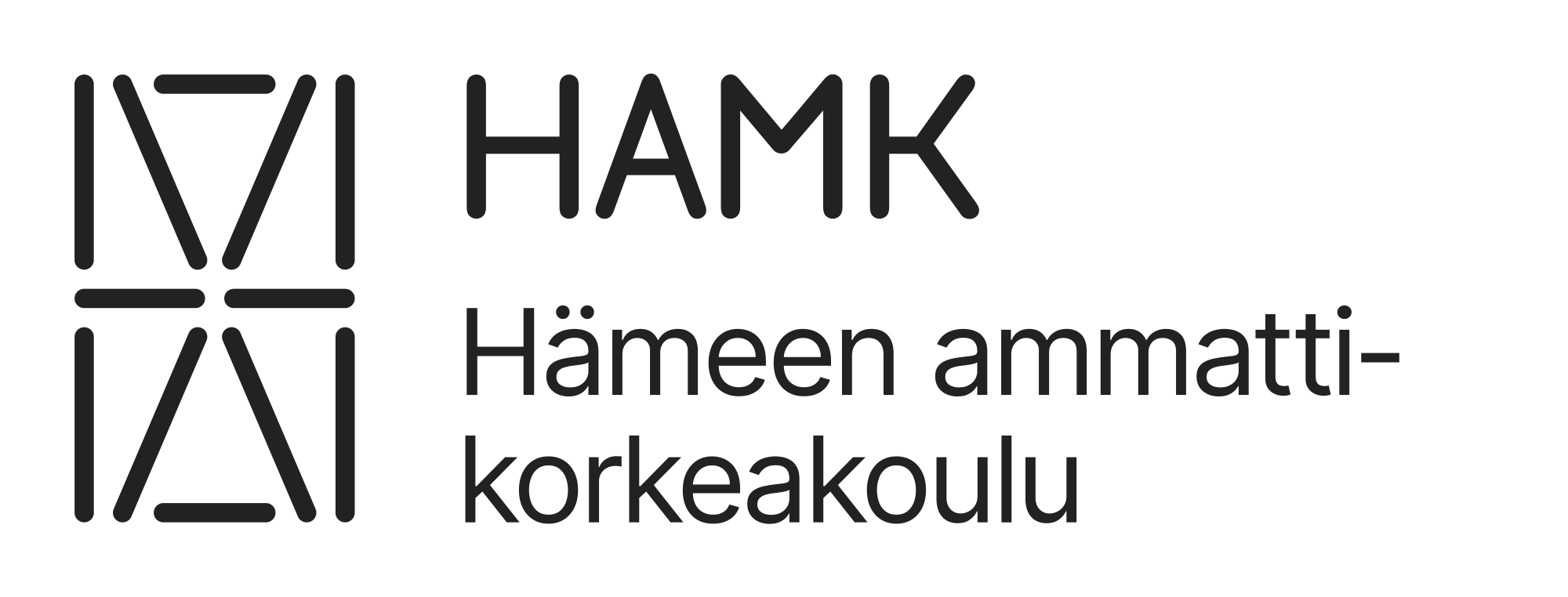 HAMK, Hämeen ammattikorkeakoulun kirjoitettu mustalla tekstillä. Vieressä HAMKin symboli