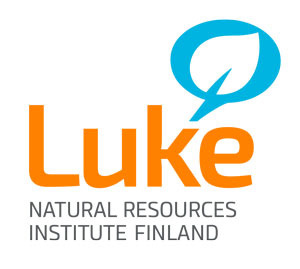 Luke, natural resources institute Finland. Lukelon kirjoitettu oranssilla tekstillä. Ylhäällä on sininen lehti. 