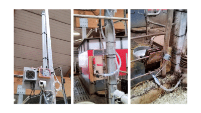 Kolme kuvaa, jossa ensimmäisessä pumpulla täytettävä juomakuppi. Toisessa lypsylaitteistoa. Kolmannessa elektroniikkaa ja vesijohtoverkosta täytettävä säiliö.