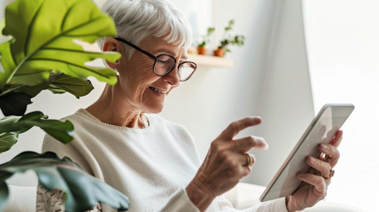 Seniori-ikäinen henkilö katsomassa tablettitietokonetta. Hänellä on iloinen ilme. Kuvan etualallla on viherkasvi.