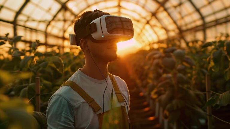 Kasvihuonetyöntekijä käyttää VR-laseja hallitessaan kasvien kasvua.