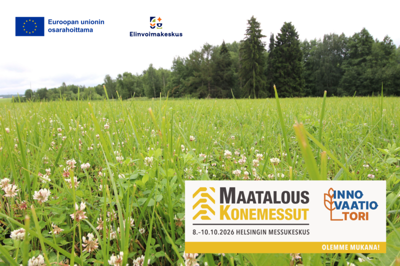 Maisemakuva pellosta sekä Innovaatiotorin mainosteksti. EU:n osarahoittama logo sekä Elinvoimakeskuksen logo.