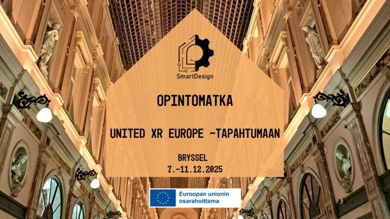 SmartDesign-opintomatkan mainoskuva. Taustalla valaistu katettu ostoskatu Brysselissä, edessä oranssi kuusikulmio, jossa lukee: "OPINTOMATKA UNITED XR EUROPE -TAPAHTUMAAN, BRYSSEL 7.–11.12.2025". Alareunassa EU:n rahoitusmerkki.