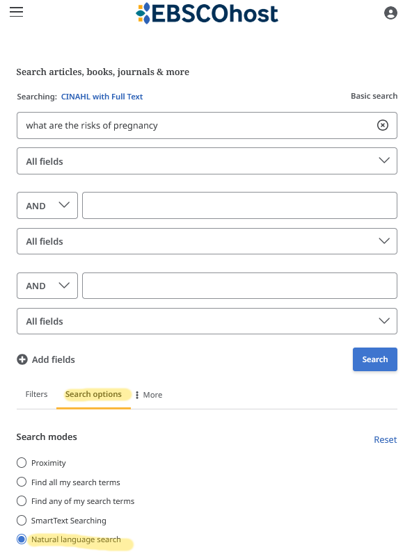 The natural language search mode is on the search options tab.