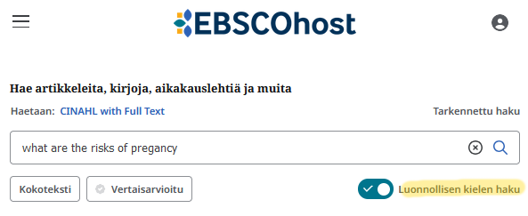 Perushaussa luonnollisen kielen haun saat aktivoitua heti hakukentän alapuolelta.