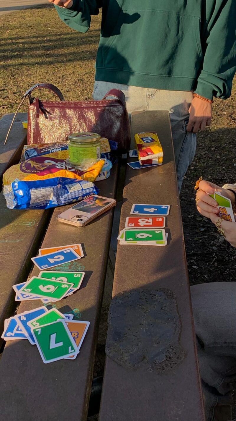Uno playing cards on the table.