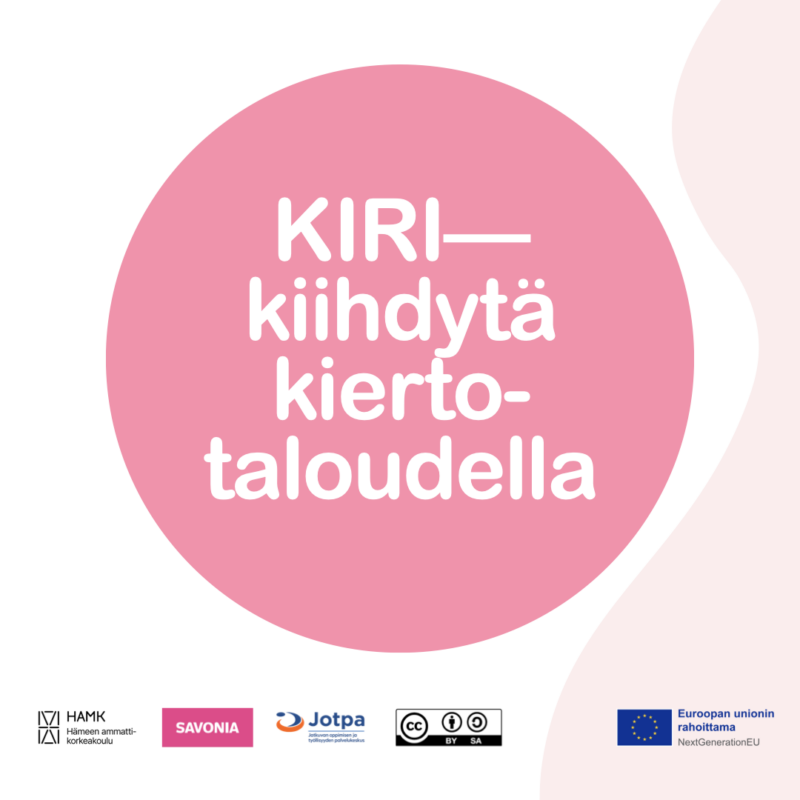 KIRI-podcastin kuvake, jossa vaaleanpunaisessa ympyrässä lukee KIRI-kiihdytä kiertotaloudella. Alla kumppanien logot.