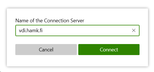 Horizon Client Name of the Connection Server kuvakaappaus