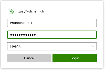 Horizon Client login ruudun kuvakaappaus
