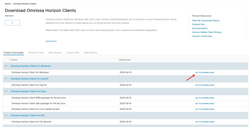 Omnissa Horizon Client lataussivun kuvakaappaus