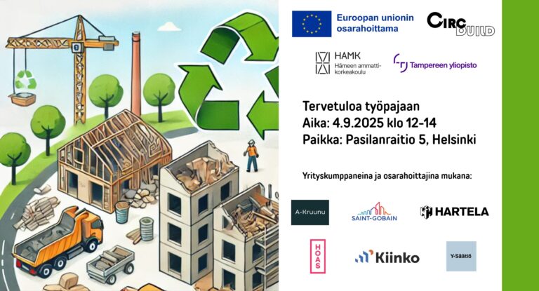 Kaupunkimaisema ja hankkeen rahoittajien ja toteuttajien logot.