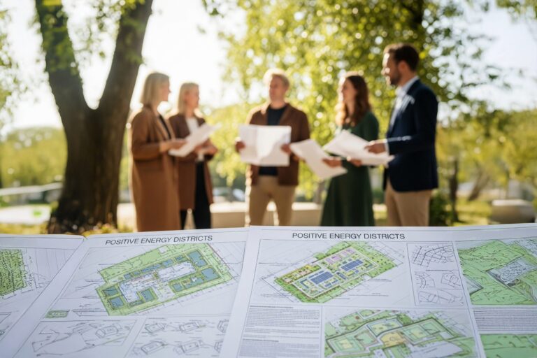 Ryhmä ihmisiä aurinkoisessa ulkoilmassa keskustelemassa ryhmänä. Etualalla arkkitehtuurisia suunnitelmia vihreistä kaupunkialueista. Suunnitelmien otsikkona Positive energy districts. Kuva tuotettu Gemini-tekoälysovelluksella.