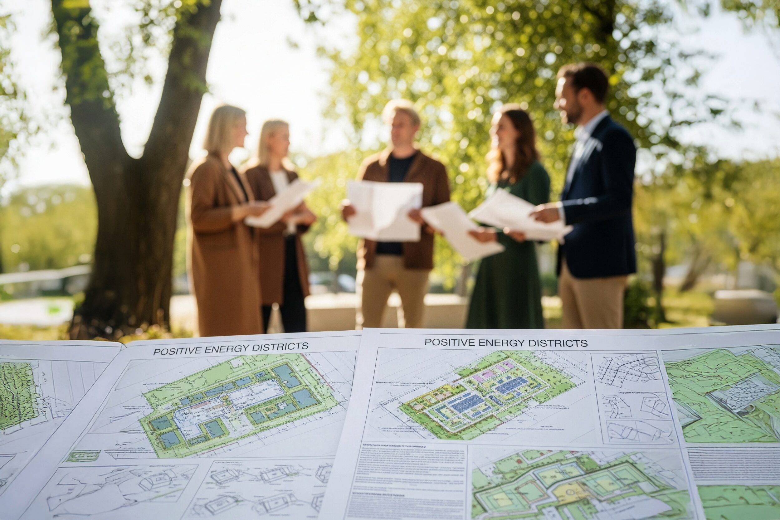 Ryhmä ihmisiä aurinkoisessa ulkoilmassa keskustelemassa ryhmänä. Etualalla arkkitehtuurisia suunnitelmia vihreistä kaupunkialueista. Suunnitelmien otsikkona Positive energy districts. Kuva tuotettu Gemini-tekoälysovelluksella.
