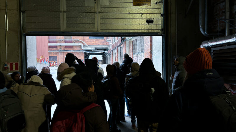 Students inside an old factory