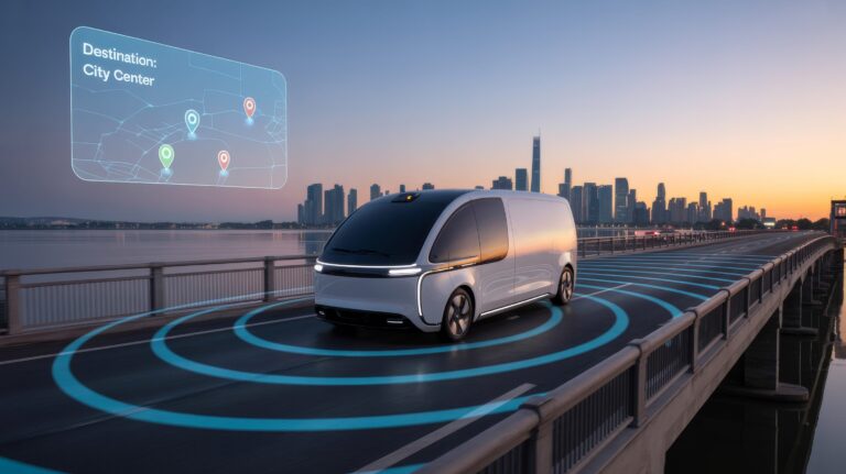 Futuristinen valkoinen itseajava sähköajoneuvo ajaa sillalla kohti kaupunkia auringonlaskun aikaan. Auton ympärillä näkyy sinisiä kehiä, jotka kuvaavat sen sensoreiden havaitsemaa aluetta. Kuvassa on myös virtuaalinen karttanäkymä, jossa lukee 'Destination: City Center' ja jossa on merkitty useita sijainteja värillisillä ikoneilla.