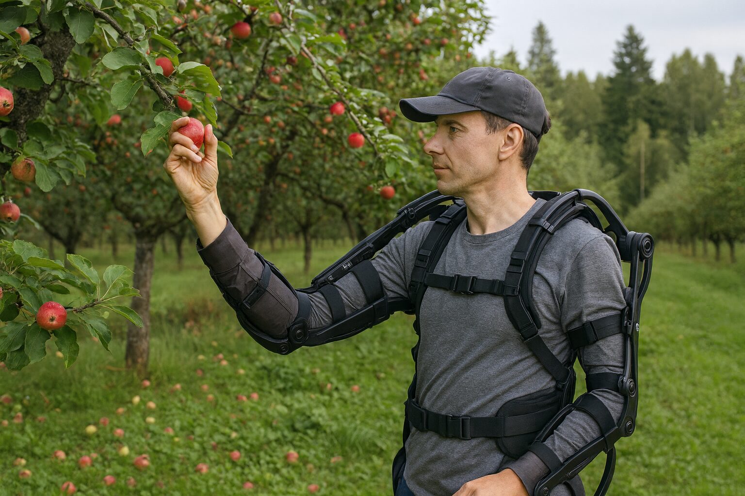 Henkilö poimimassa omenapuusta omenaa eksoskeletonin avustuksella