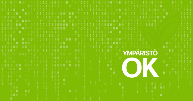 Kuvassa on vihreä tausta, jossa näkyy binäärinumeroita (0 ja 1). Oikeassa reunassa on vihreä lehtikuvio ja valkoisella tekstillä sanat “YMPÄRISTÖ OK”.