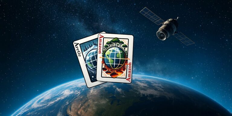Kuvassa maapallo avaruudesta käsin, satelliitti sekä hankkeen pelikortteja muistuttava logo.