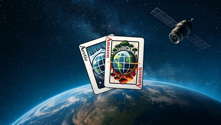 Kuvassa maapallo avaruudesta käsin, satelliitti sekä hankkeen pelikortteja muistuttava logo.