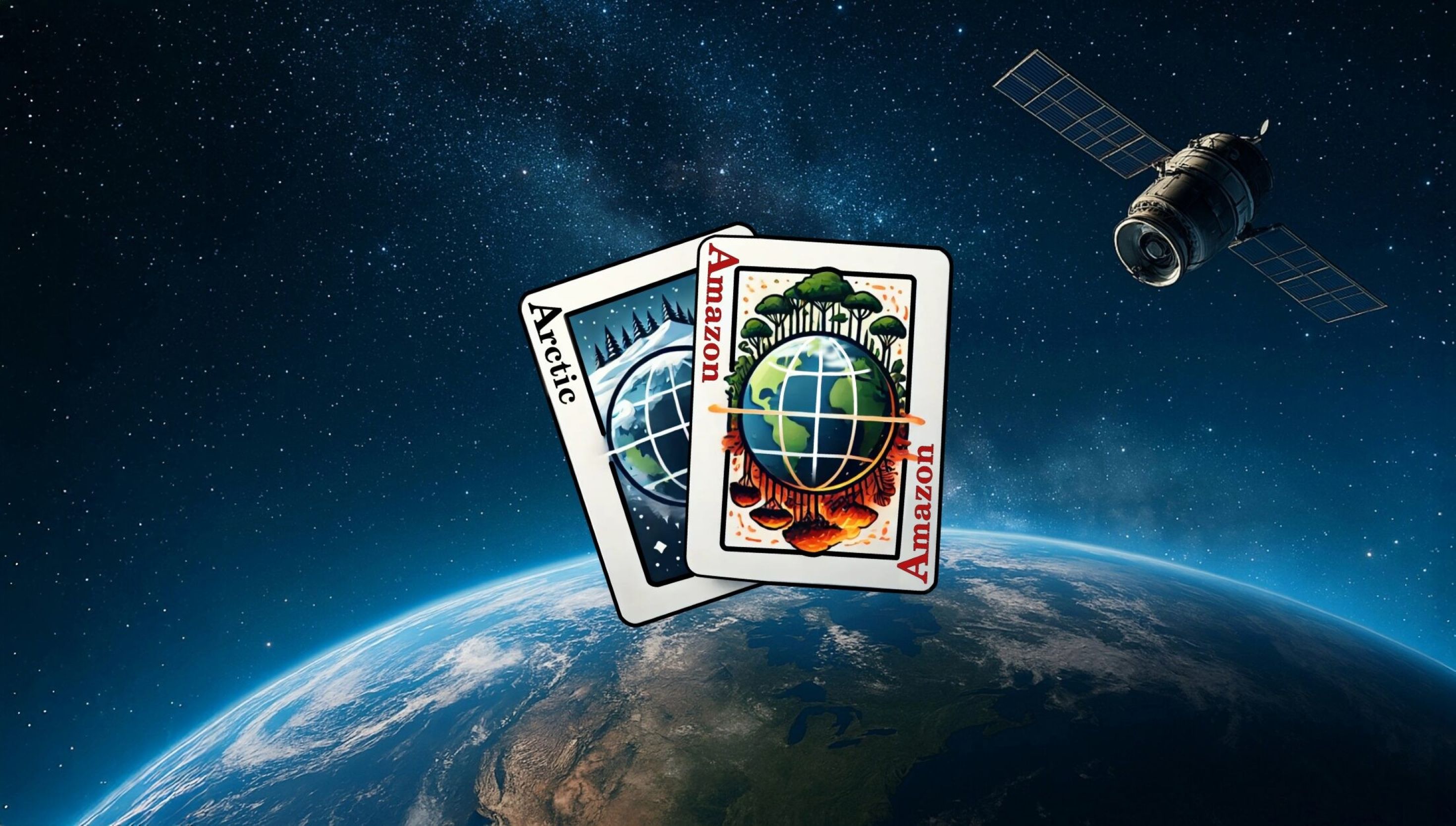 Kuvassa maapallo kuvattu avaruudesta sekä satelliitti ja hankkeen pelikortteja muistuttava logo. 