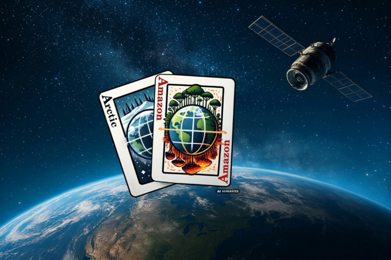 Kuvassa tekoälyllä luotu kuva, jossa maapallo avaruudesta käsin kuvattuna, satelliitti sekä hankkeen pelikortteja muistuttava logo.