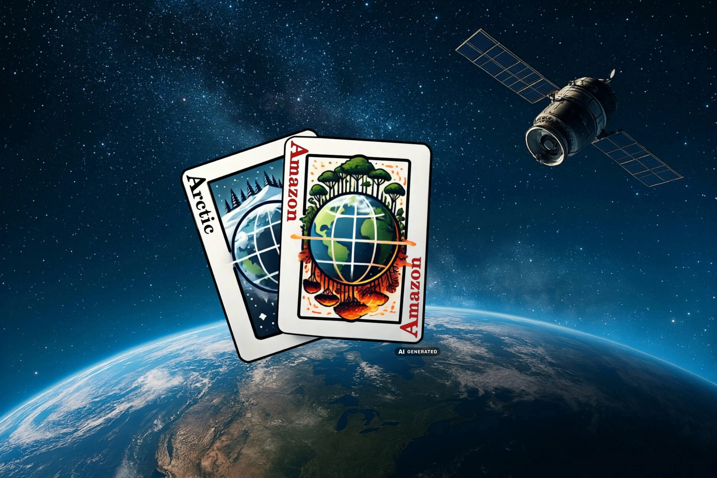 Kuvassa maapallo kuvattu avaruudesta sekä satelliitti ja hankkeen pelikortteja muistuttava logo. 