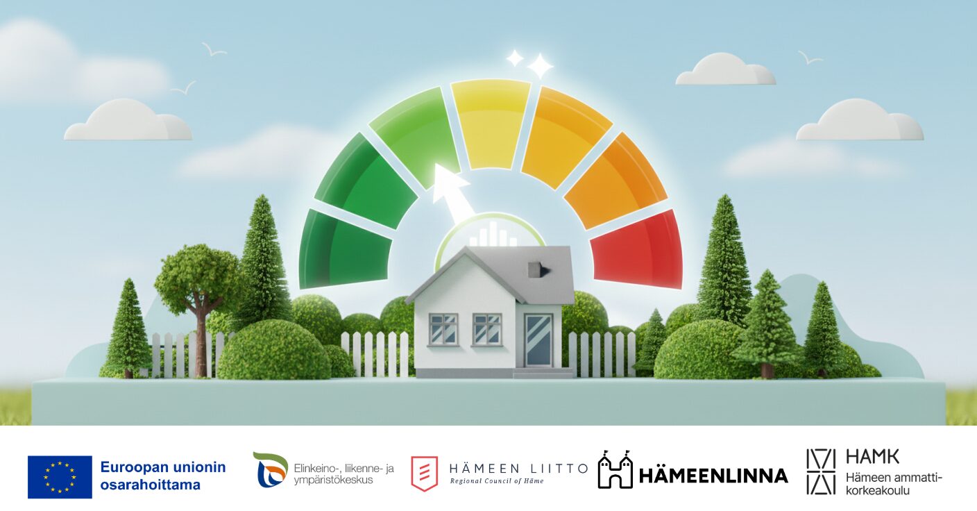 Valkoinen talo puiden ympäröimänä sinistä taivasta vasten. Talon yllä mittaristo, jonka värit vaihtuvat tumman vihreästä punaiseen.