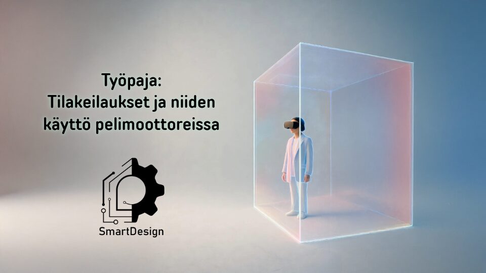 Henkilö vr-lasit päässään seisoo holografisessa kuutiossa. Vieressä työpajan nimi ja hankkeen logo.