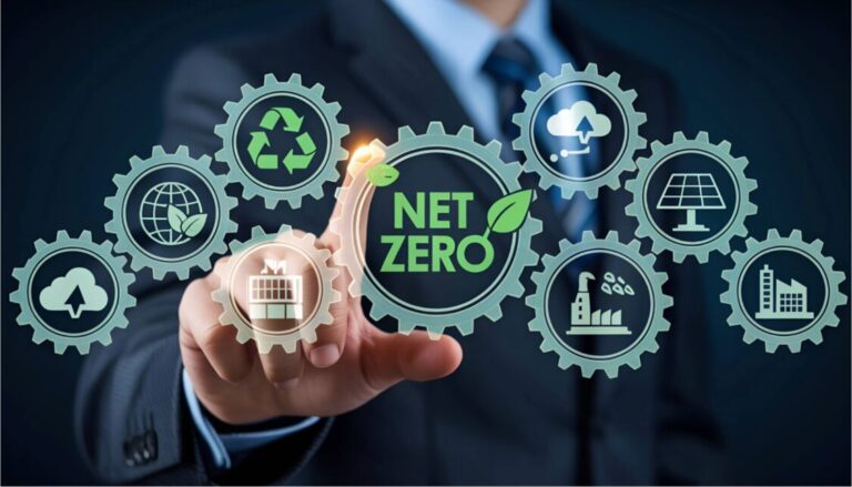 A person in a suit touching a virtual gear icon labeled "NET ZERO" surrounded by other gear icons representing recycling, renewable energy, and sustainability concepts.