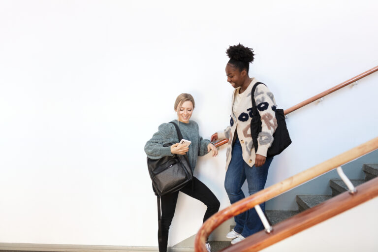 Opiskelijoita keskustelemassa rappusissa / Students talking on the stairs