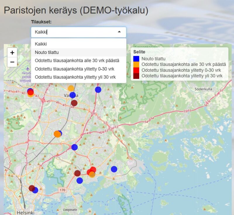 Havainnekuvassa karttapohjalla näkyy eri värein merkittyjä pisteitä sen mukaan, edustavatko ne tilattua noutoa vai ennustettua naapurikohdetta.