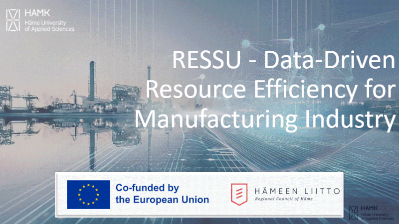 Animated graphic showing a cityscape with industrial buildings and water, overlaid text reading "RESSU - Data-Driven Resource Efficiency for Manufacturing Industry," logos for HAMK Häme University of Applied Sciences, European Union co-funding, and Hämeen Liitto Regional Council of Häme.