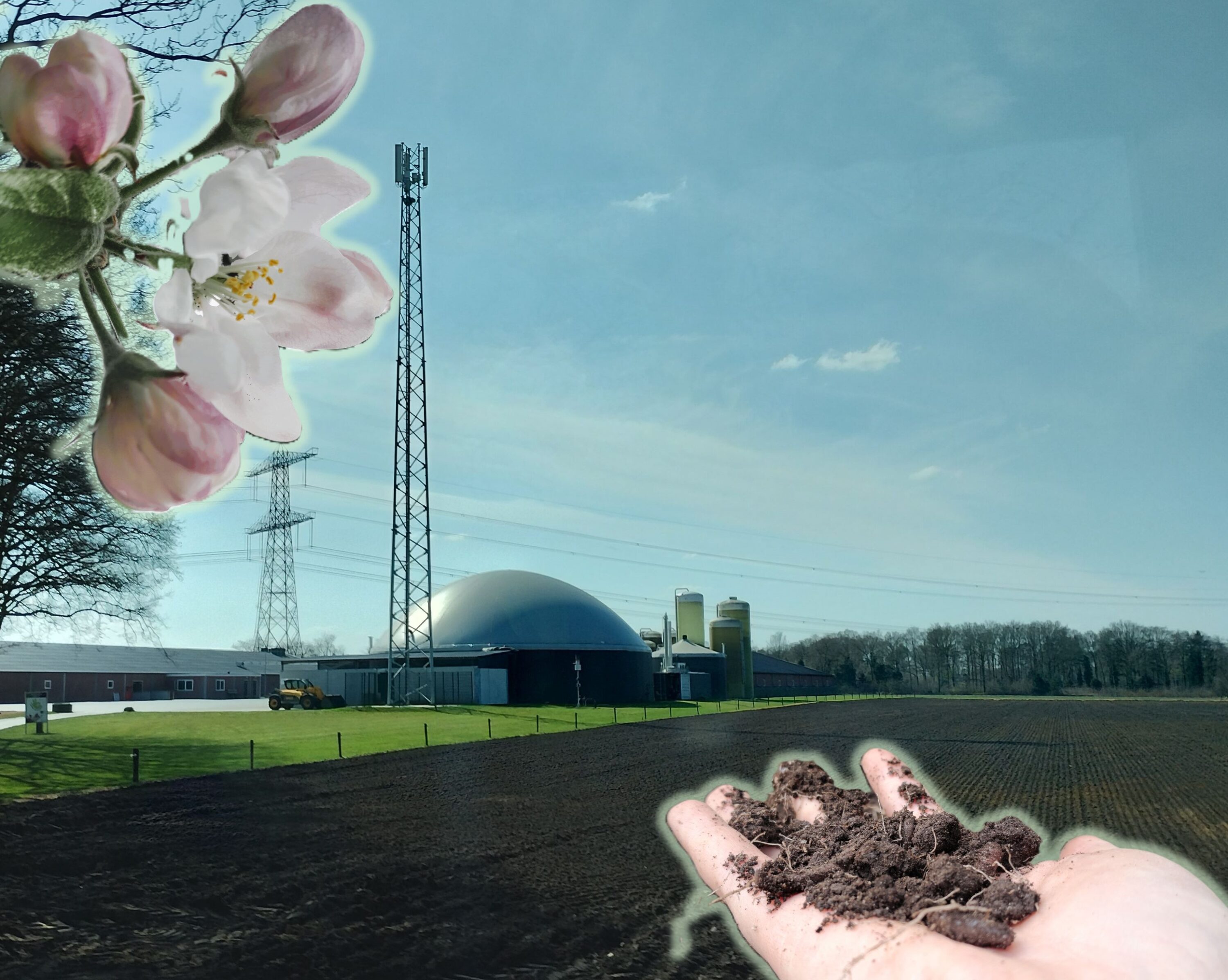 Biokaasukupu idyllisessä maalaismaisemassa, jonka eteen vasempaan laitaan on liitetty kuva omenapuun kukista ja oikeaan alakulmaan maaperän hyvinvointia symboloivasta kädestä, jossa on multaa ja matoja.