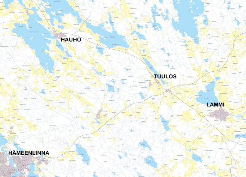 Kartta Lammi-Tuulos-Hauho-alueesta, jossa näkyy paikkakuntien sijoittuminen Hämeenlinnasta koilliseen.