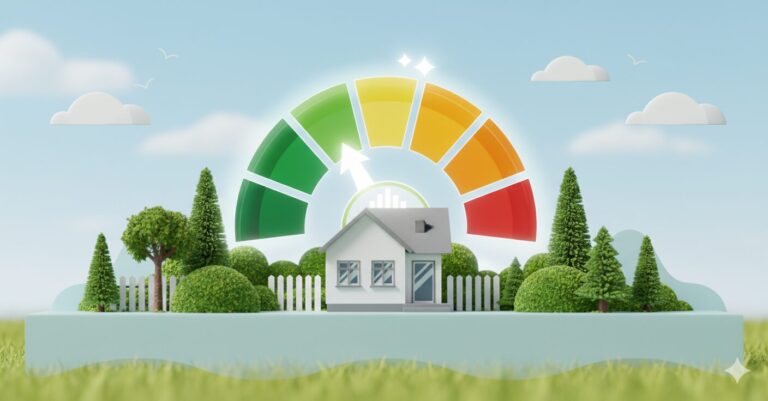 Piirroskuva pienestä valkoisesta talosta aidan ja huoliteltujen pensaiden sekä puiden ympäröimänä, etualalla nurmikko ja talon takana suuri kaarimainen energiatehokkuusmittari vihreästä keltaiseen ja punaiseen värityksineen, taustalla kirkas taivas ja muutama pilvi.