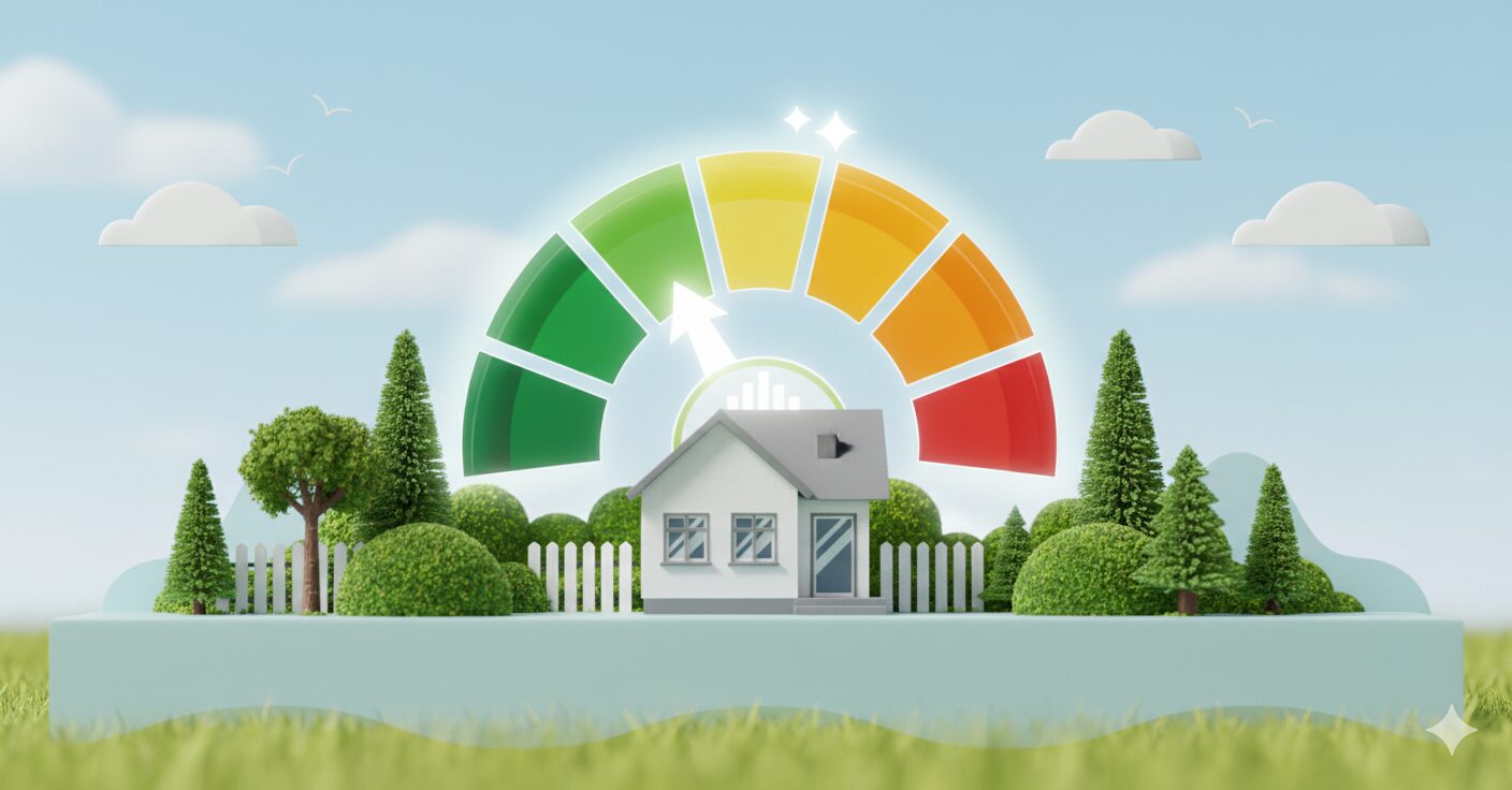 Piirroskuva pienestä valkoisesta talosta aidan ja huoliteltujen pensaiden sekä puiden ympäröimänä, etualalla nurmikko ja talon takana suuri kaarimainen energiatehokkuusmittari vihreästä keltaiseen ja punaiseen värityksineen, taustalla kirkas taivas ja muutama pilvi.