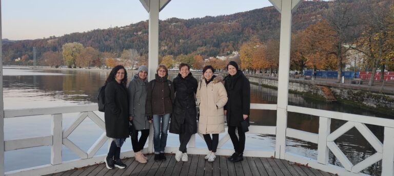 Kuusi henkilöä seisovat vierekkäin ja hymyilevät