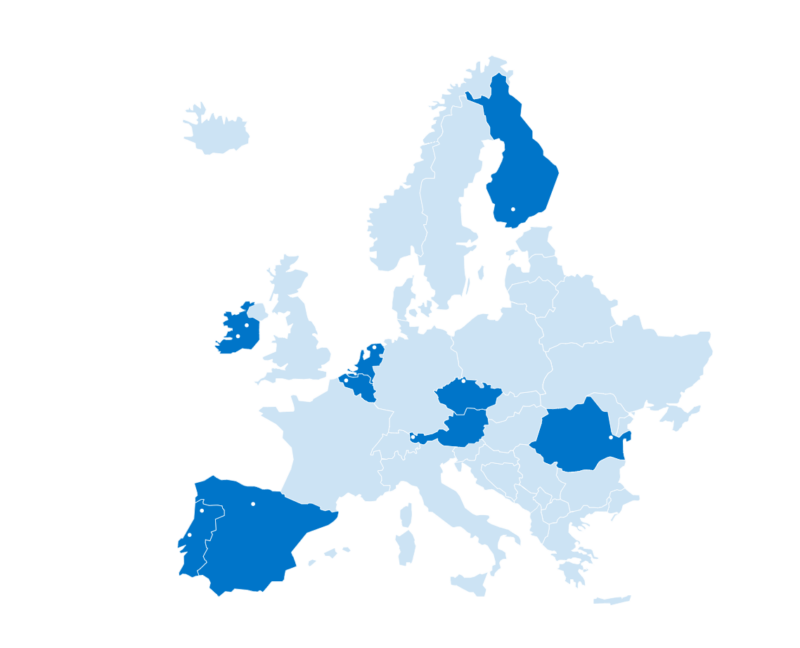 Euroopan kartta, jossa tummennettuna maat, joissa RUN-EU-korkeakoulut sijaitsevat