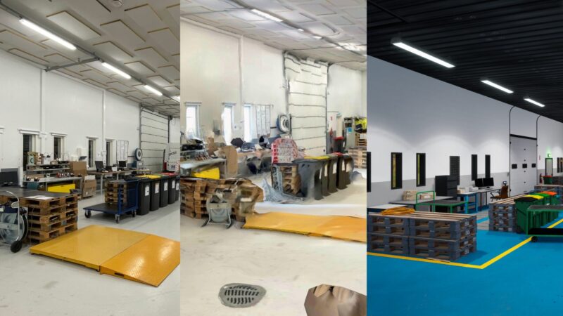 Kolmen kuvan sarja, jossa vasemmalla aito varastoympäristö. Keskellä varastosta tehty epätarkka mallinnus. Oikealla pelimoottorilla tehty digitaalinen kaksonen varastosta.