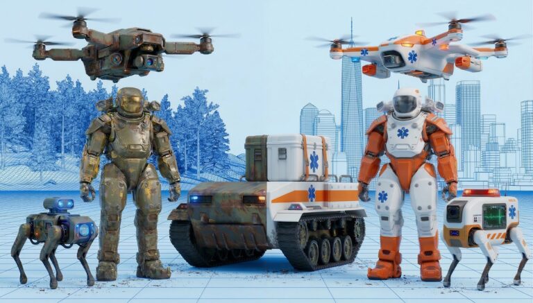 Kuvassa droneja, robotteja ja telamaasturi.