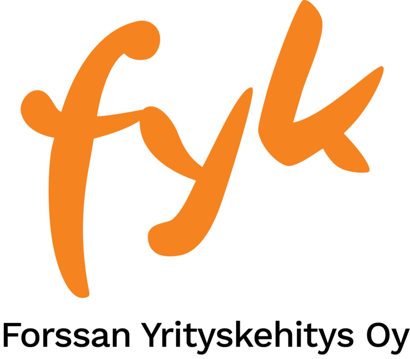 Forssan Yrityskehitys Oy:n logo, jossa oranssilla teksti "FYK" ja sen alapuolella mustalla teksti Forssan Yrityskehitys Oy.