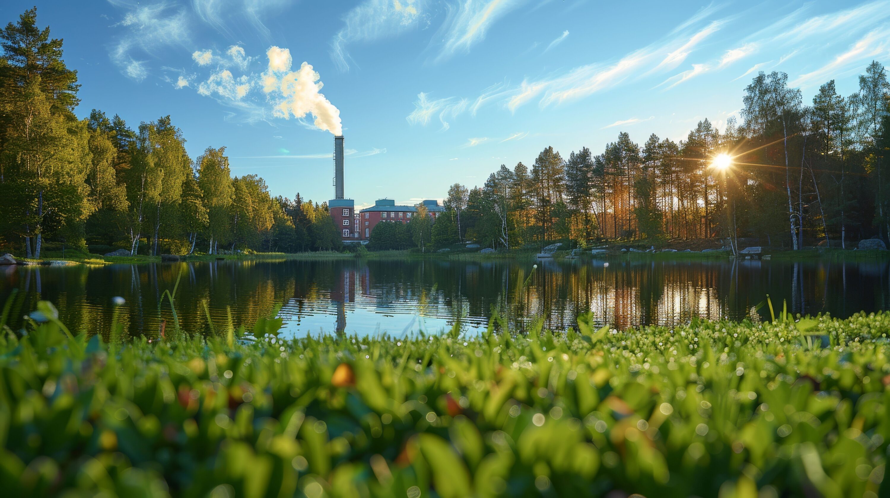 Kesäinen maisema, jossa etualalla vesistö, jota ympäröi metsä. Vesistön toisella puolella on punatiilinen tehdas, jonka piipusta nousee savua siniselle taivaalle.