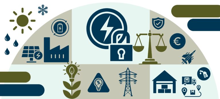 Puolikaarelle aseteltu kuvitus, jossa keskellä sininen ympyrä salama- ja lukkoikonilla symboloimassa energiaturvaa ja ympärillä aurinko, lumihiutale, vesipisarat, aurinkopaneeli, tehdas, paristo, vaakakuppi, kilpi, euron symboli, lentokone, kasvi, varoituskolmio hehkulampulla, sähkölinjan pylväs sekä talo, latauspisteet ja sijainti-ikonit sinivihreällä ja beigen sävyisellä taustalla.